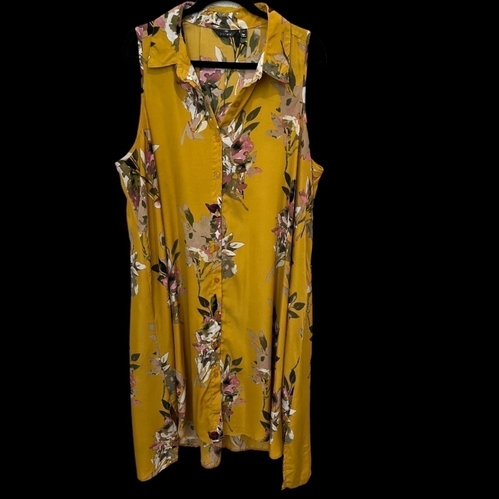 Mlle GABRIELLE Plus Size Mustard Floral Relaxed Fit Sleeveless Dress 2X